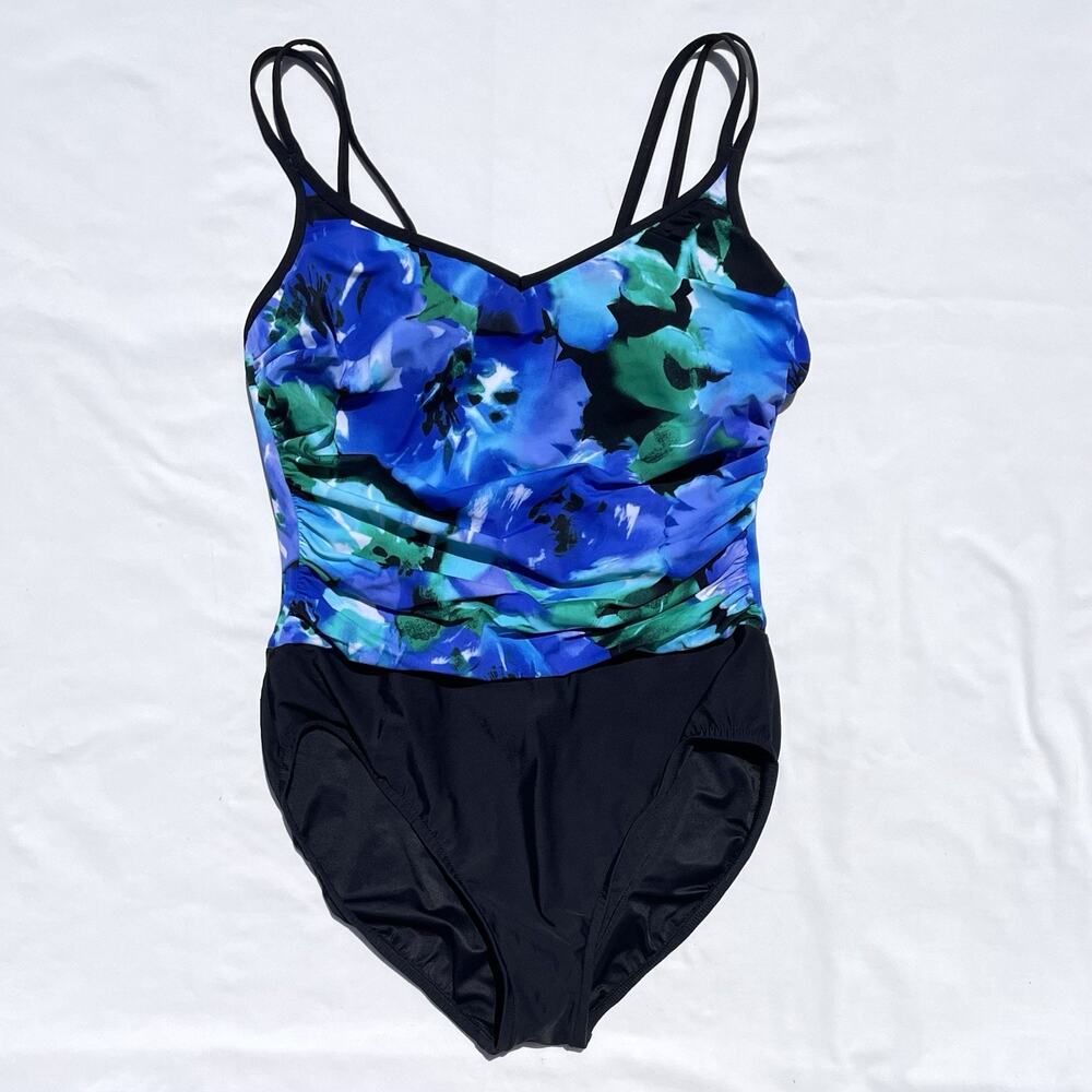 Miraclesuit Bethany Swimsuit Womens 10 Blue Black Floral Slimming - Picture 1 of 7